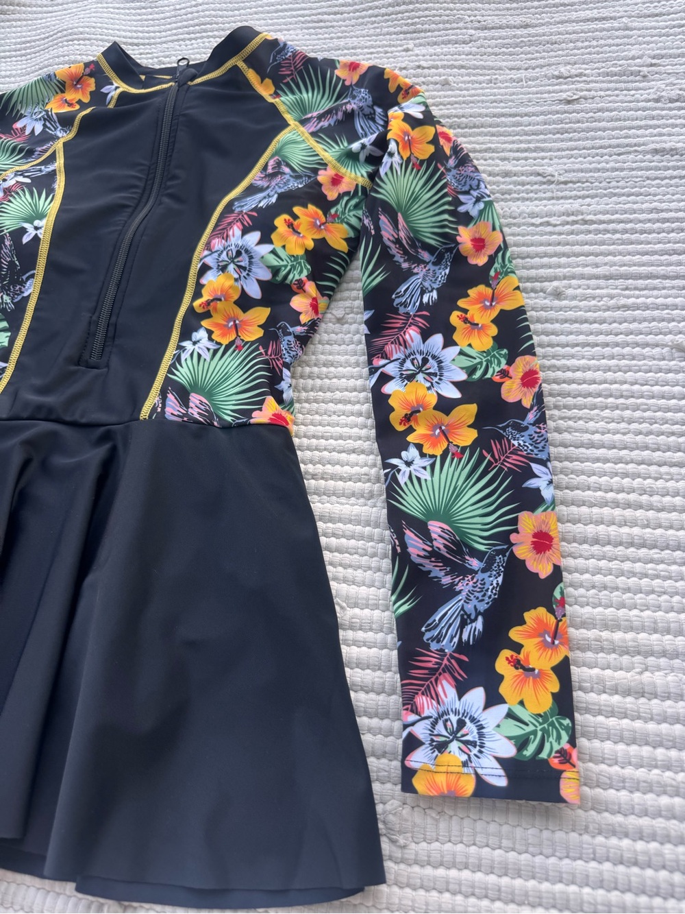 Amazon Black Tropical Floral Long-Sleeve Rash Guard Swim Dress with Yellow Trim - Picture 7 of 12
